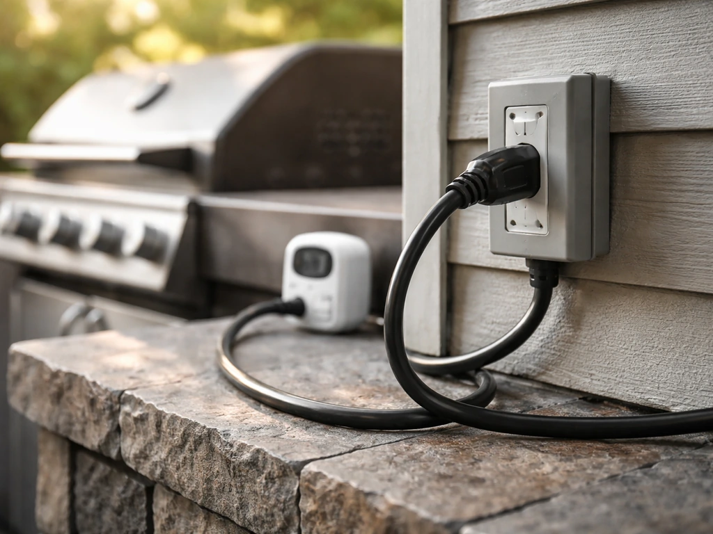 Close-up of an outdoor grill control area with a power meter-like plug setup and a heavy-duty extension cord.