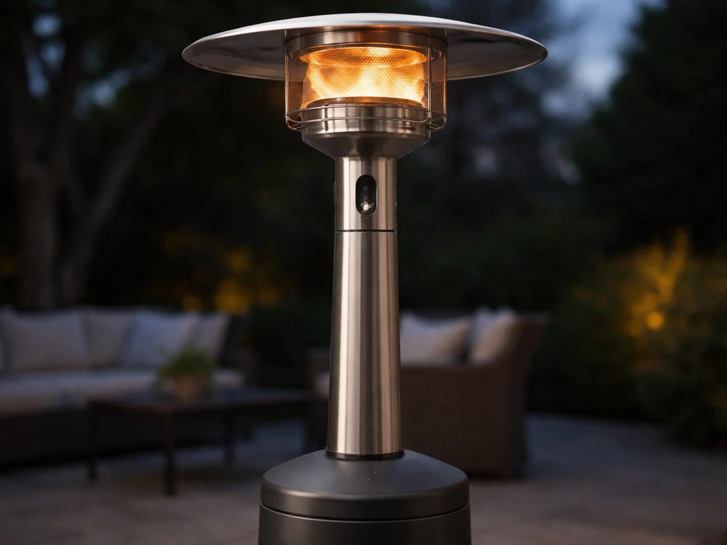 East Oak TORCH Firecove-style standing propane patio heater with burner head and tower details outdoors