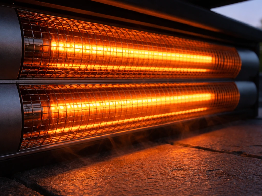 Close-up of glowing carbon-fiber infrared tubes heating a nearby patio surface under a covered area.