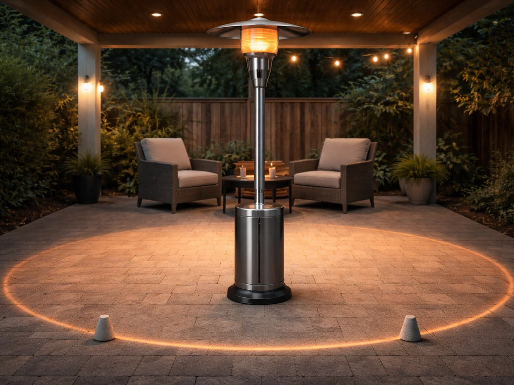 Covered patio with an outdoor heater and simple distance markers showing effective warming radius.