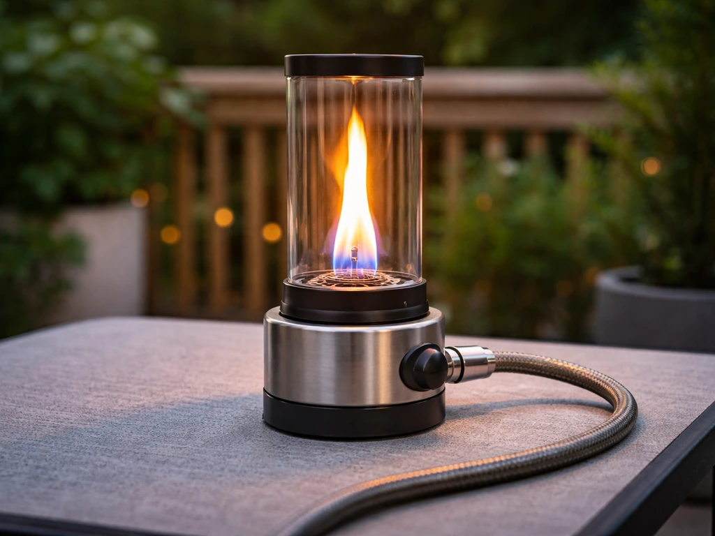 FlamePro table-top patio heater operating on a patio table with visible flame and adapter hose setup