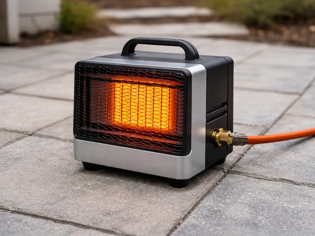 Compact tabletop FlamePro heater on a non-combustible patio surface with adapter-hose connection visible