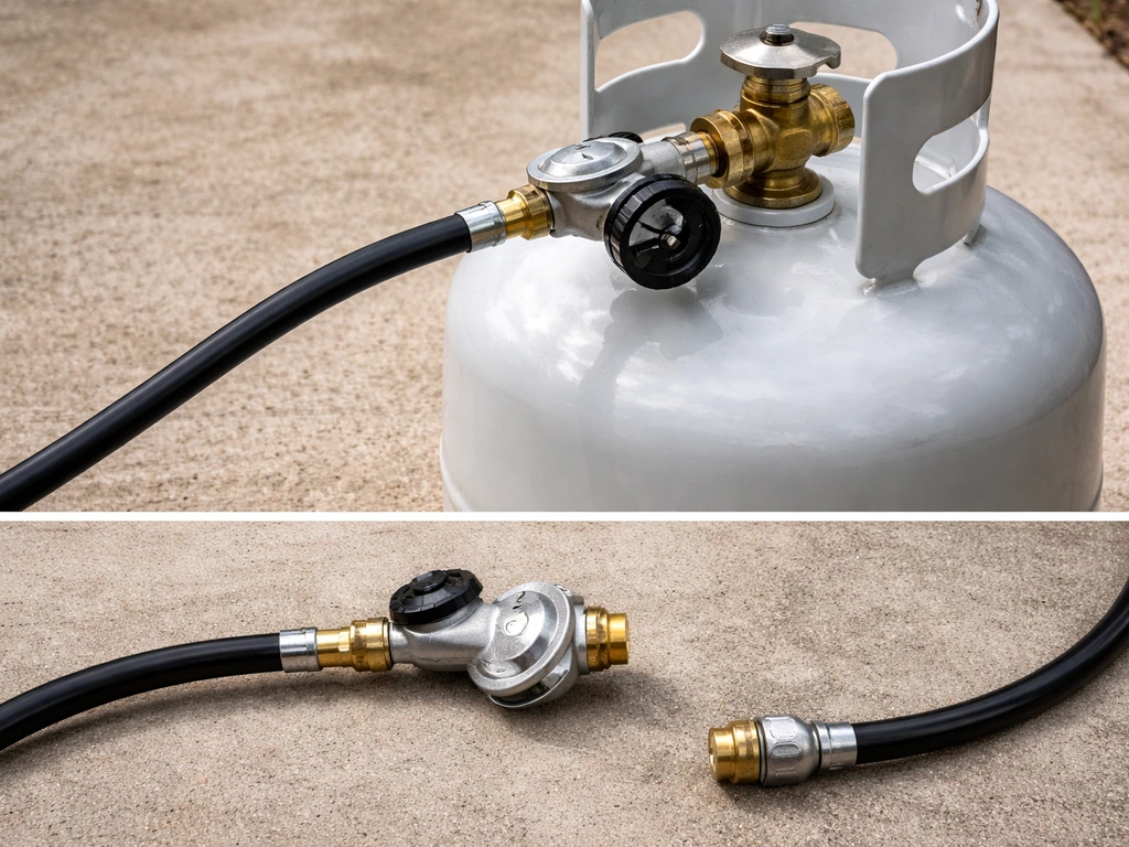 Close-up of a 20-lb propane tank hose connection showing correct regulator alignment and secure coupling