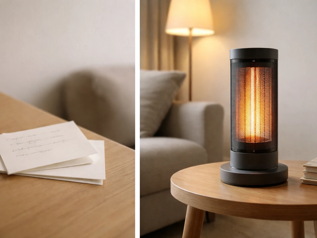 FlamePro tabletop heater glowing on a wooden table with blank note cards suggesting real owner feedback.