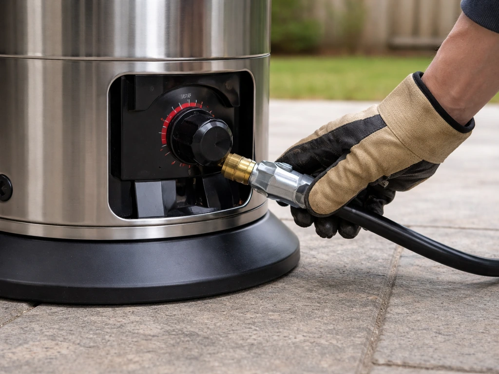 Close view of a patio heater on level stone while a gloved hand inspects the hose connection and turns the knob to HIGH.