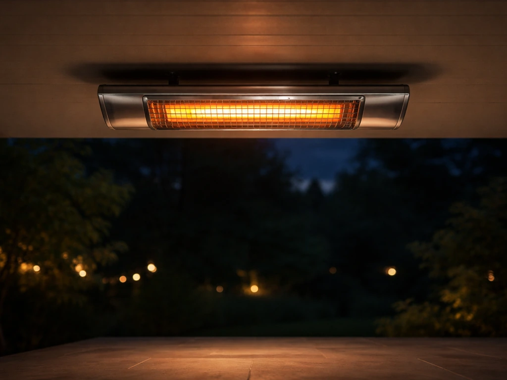 Bromic propane patio heater mounted under a covered patio, glowing in warm light at dusk outdoors.