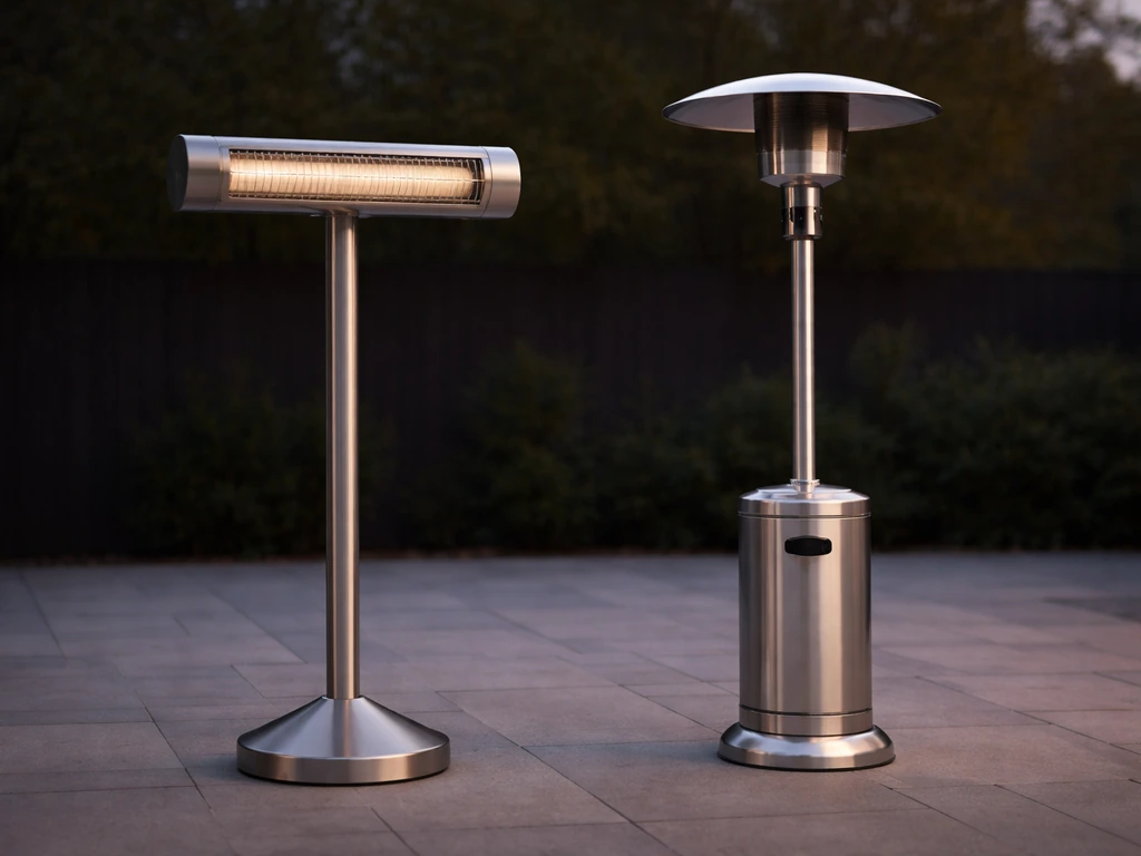 Side-by-side view of a modern Bromic-style propane patio heater and a typical mushroom propane tower.