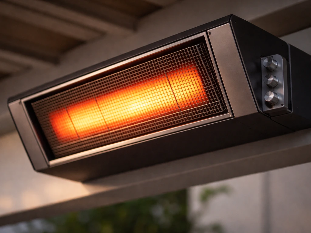 Up-close view of a Tungsten Smart-Heat Gas radiant heater with glowing emitter and control/ignition panel.