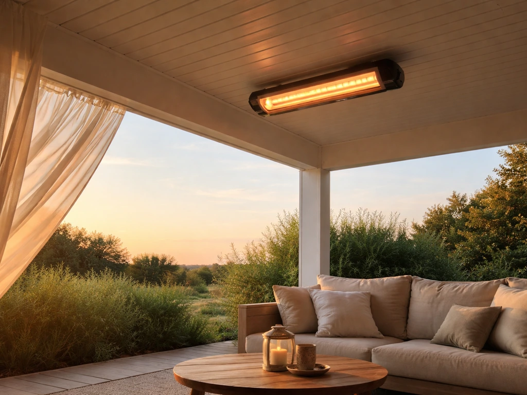 Minimal photo of a small covered patio with warm heater glow, cushions, and subtle sense of wind direction via shadows.