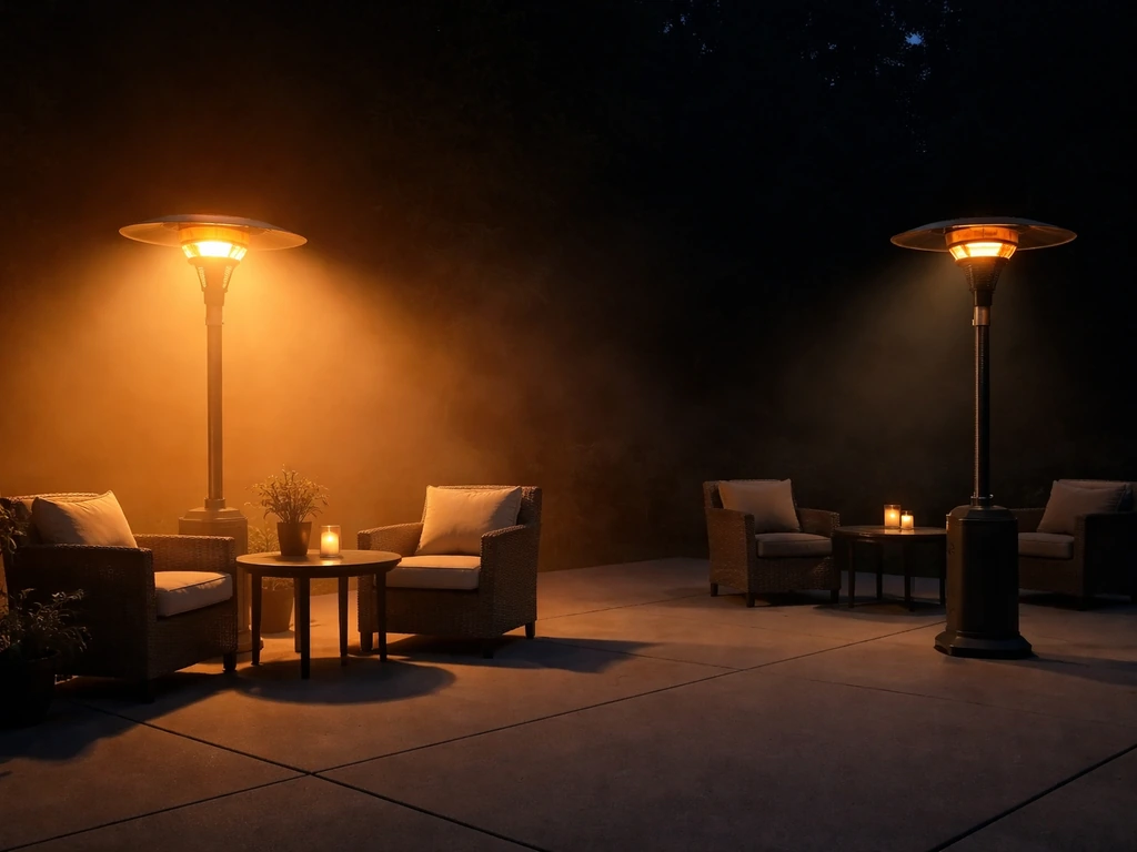 Two outdoor heaters on a patio showing different radiant warmth coverage areas at night.