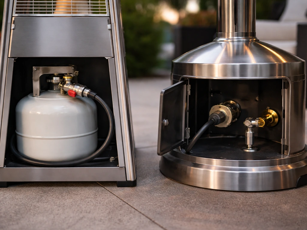 Propane tank with regulator hose connected to a pyramid heater base; separate mushroom heater fuel hookup setup.