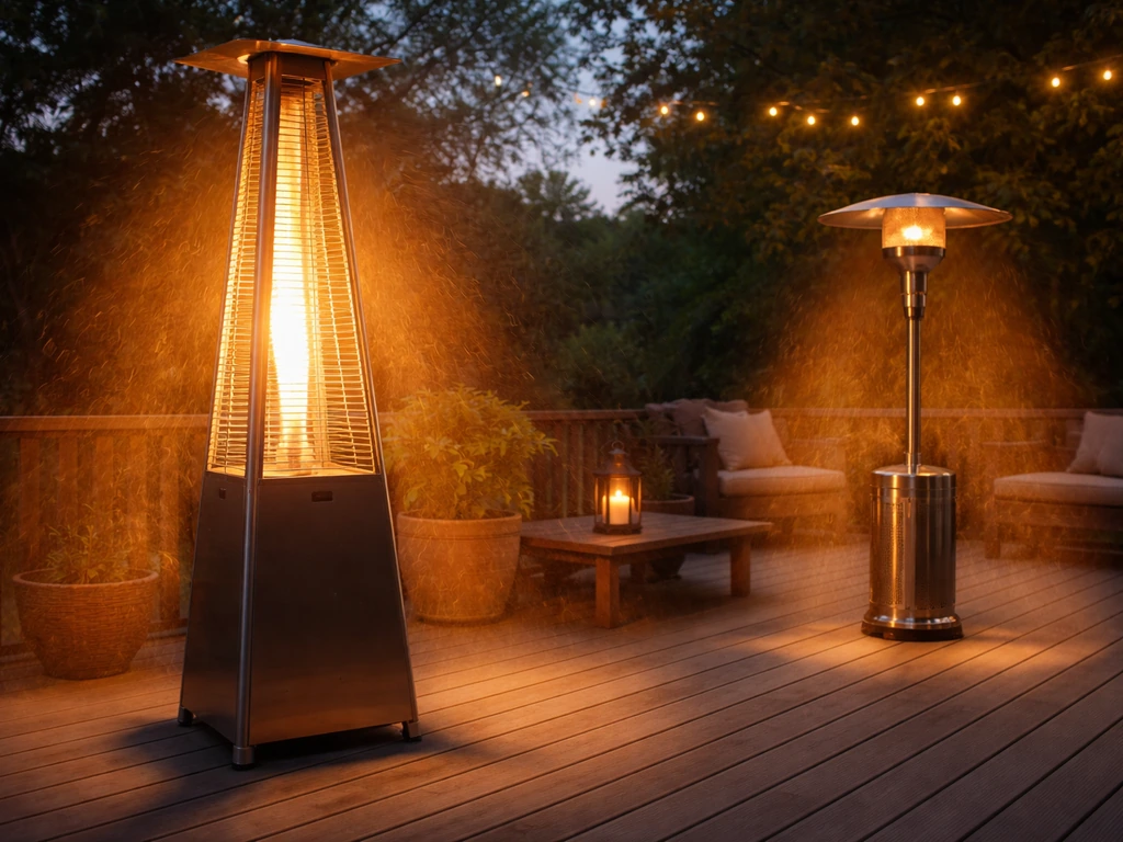Two outdoor propane heaters at dusk showing wider warmth shimmer from a pyramid heater than a traditional one.