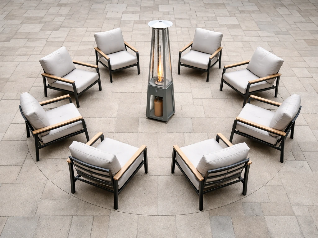 Top-down view of a patio with a centered pyramid heater and a circular seating zone of chairs.