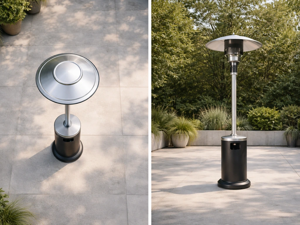 Overhead and side-view of a gas patio heater with clear space guidelines around it, shown without text.