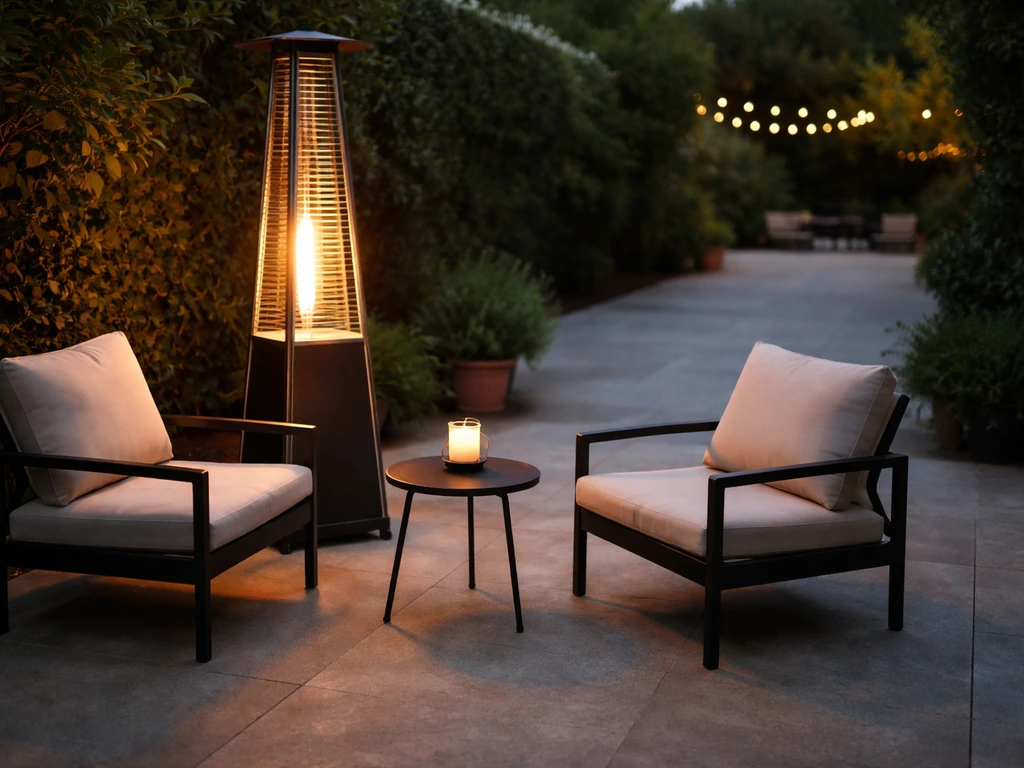 Small open patio with a portable propane pyramid flame-tower heater glowing warmly near outdoor chairs.
