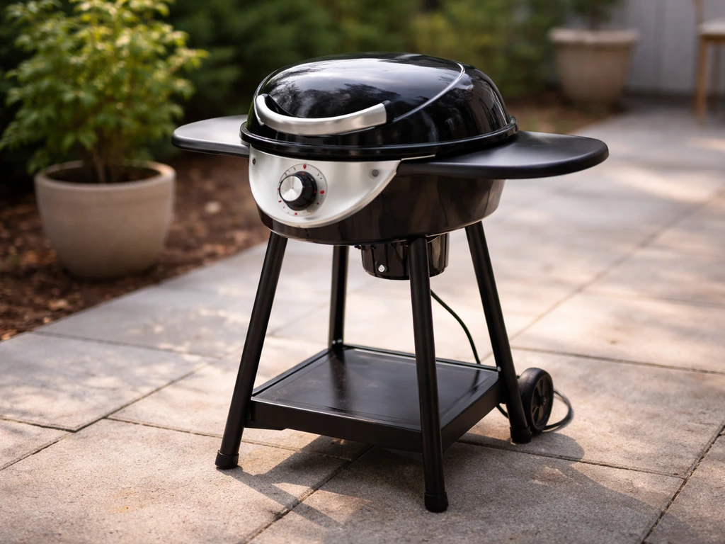 Compact electric patio grill on a clean outdoor patio, ready to cook