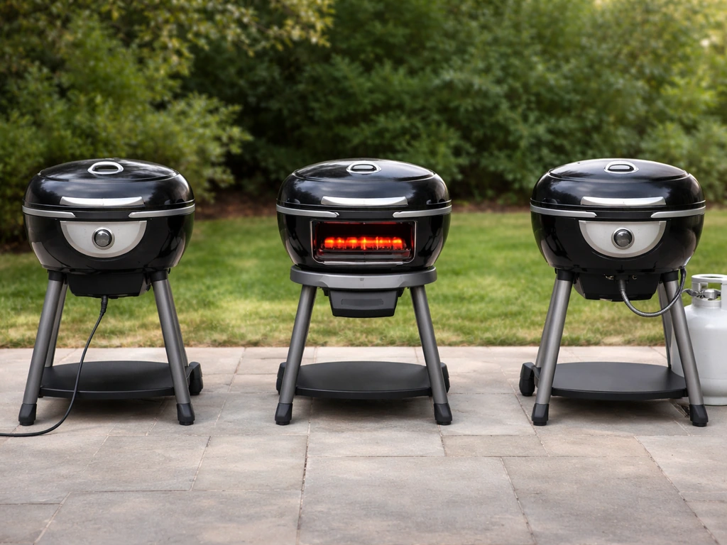 Three small grill models shown side-by-side on a patio, each with clear heating-type cues, minimal scene.