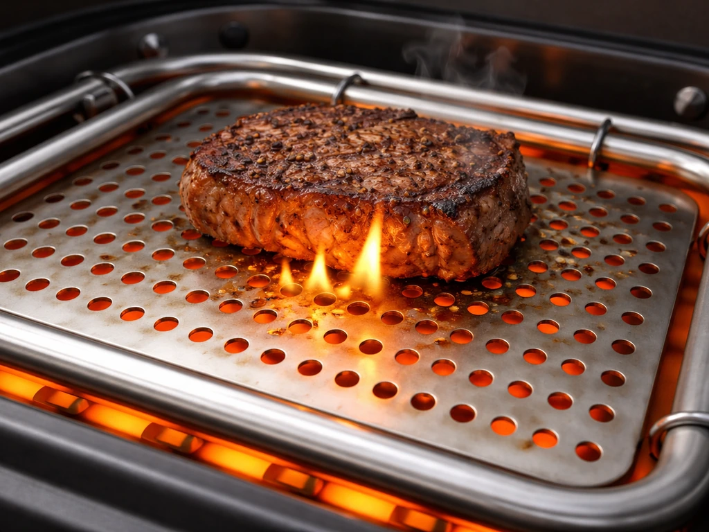Close-up of an electric grill emitter plate with meat searing and a small controlled flare-up.