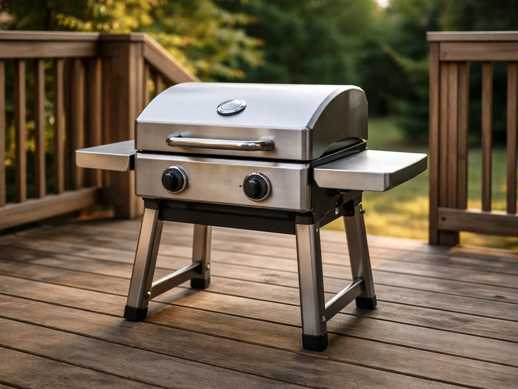 Compact patio bistro grill on a small deck, showing stability on an uneven surface.