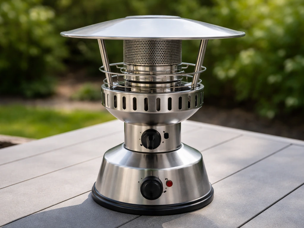 Close-up of a tabletop propane patio heater on a patio table with visible burner and base