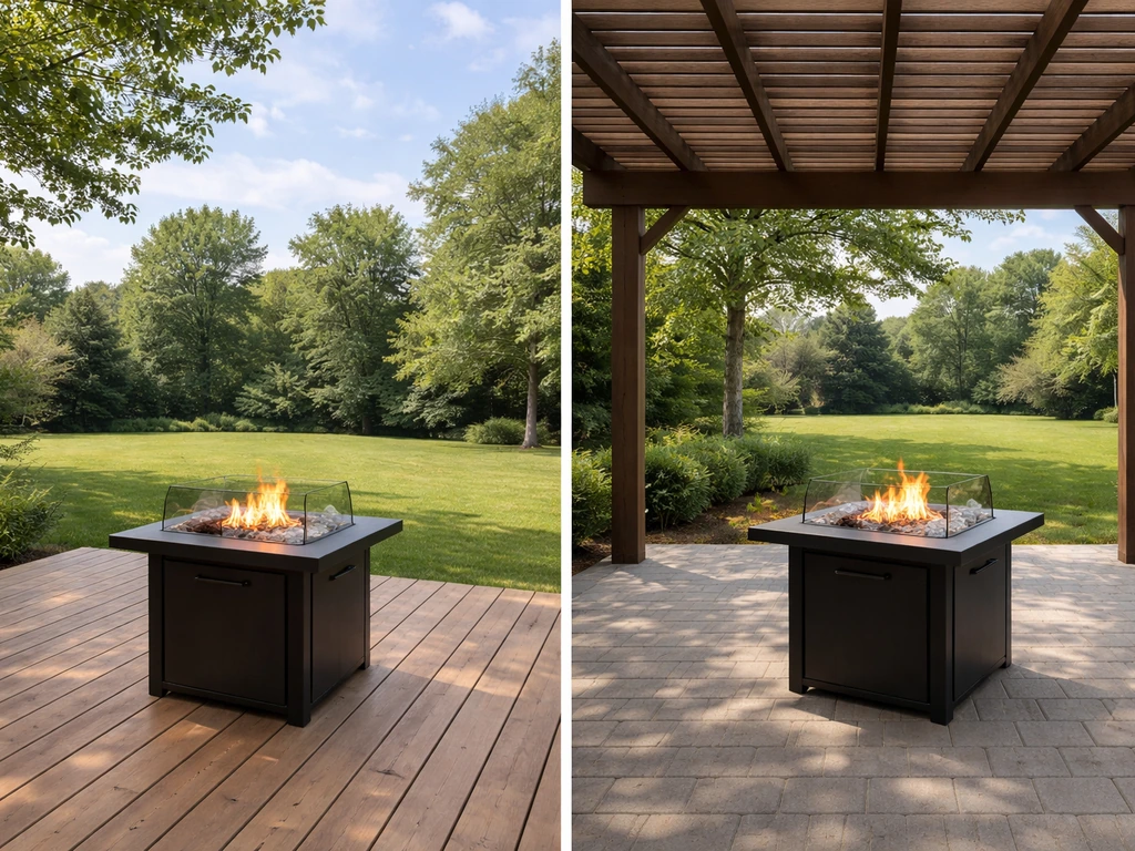 Side-by-side open-air deck and open-sided pergola patio with a propane fire pit outdoors.