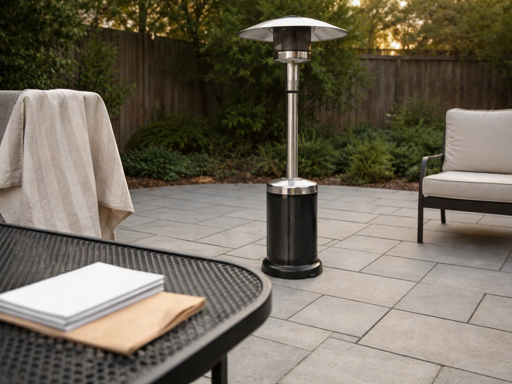 Outdoor patio heater on a table with fabric and paper kept beyond the safe clearance distance.