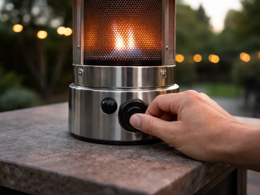 Outdoor portable gas heater with burner flame starting while a hand holds the control knob down.