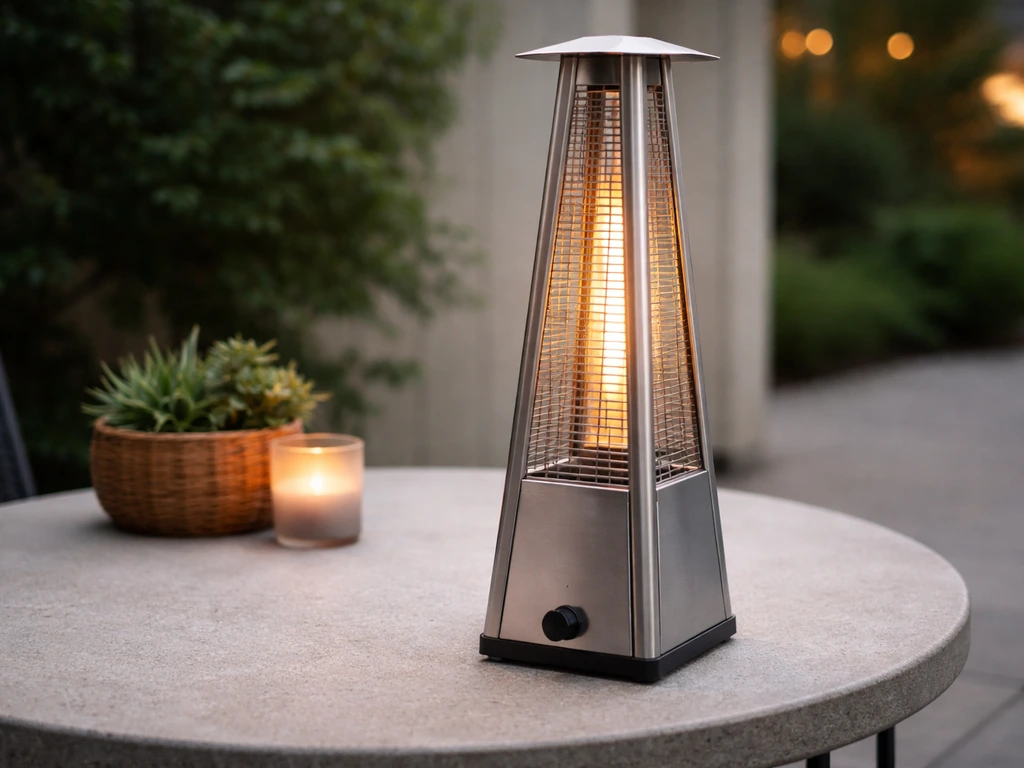 Side view of a tabletop pyramid patio heater on a small outdoor table with a warm glow.