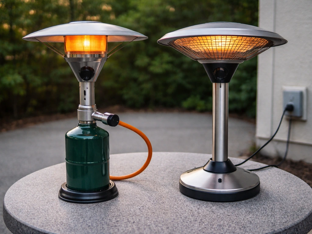 Side-by-side tabletop heaters: propane model with hose/regulator and electric infrared model with power cord.