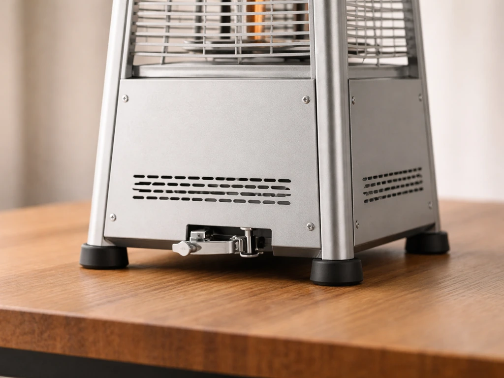 Close-up of a tabletop pyramid propane heater on a stable table with anti-tilt mechanism visible
