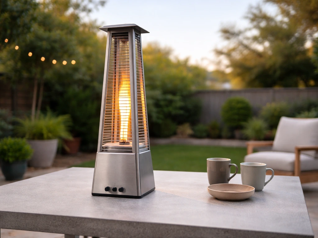 Tabletop pyramid patio heater on an open outdoor table with clear space around people and no overhang.