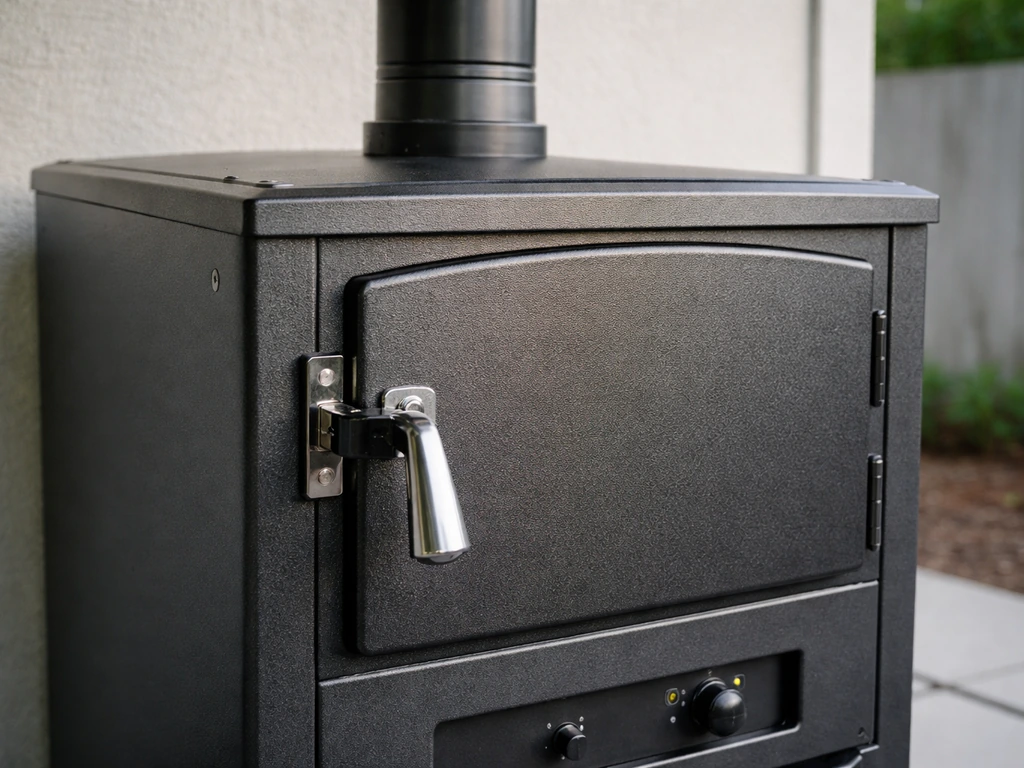 Close-up angled view of a steel pellet heater showing the chimney stack and simple front door latch