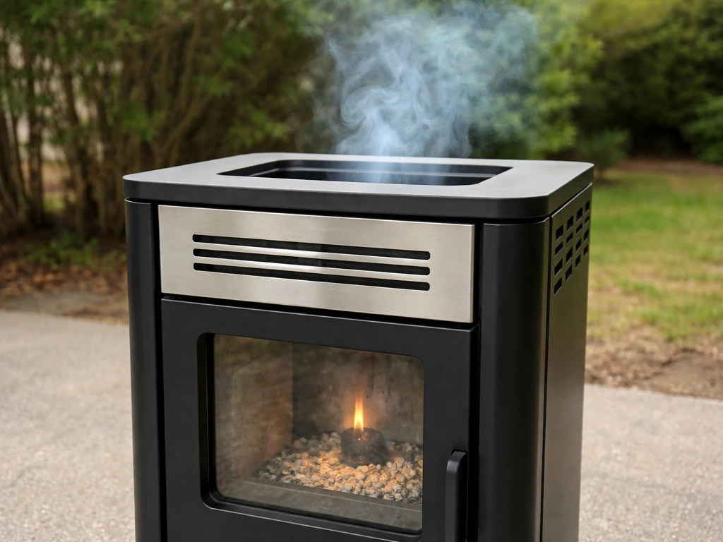 Outdoor close-up of a steel pellet heater running with light smoke during the first burn.