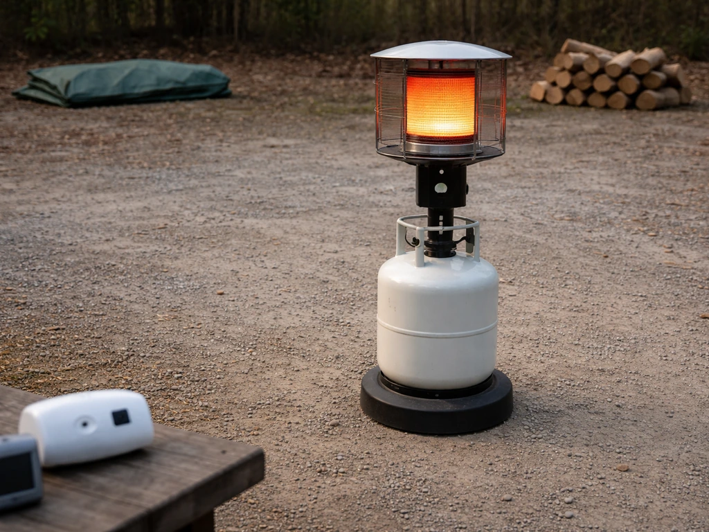Outdoor heater on safe ground with clear distance from combustibles and a nearby carbon monoxide alarm