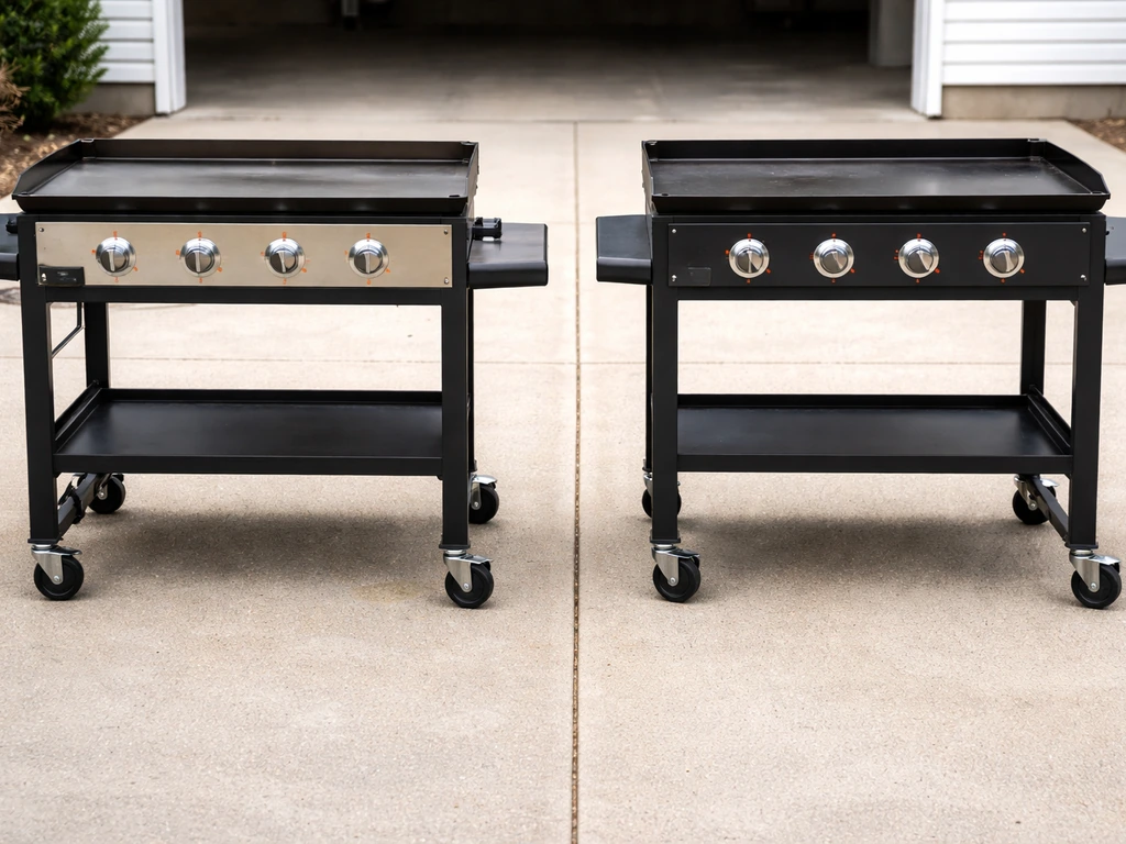 Two propane griddle setups on a cart side-by-side, showing control knobs and frame details for comparison.