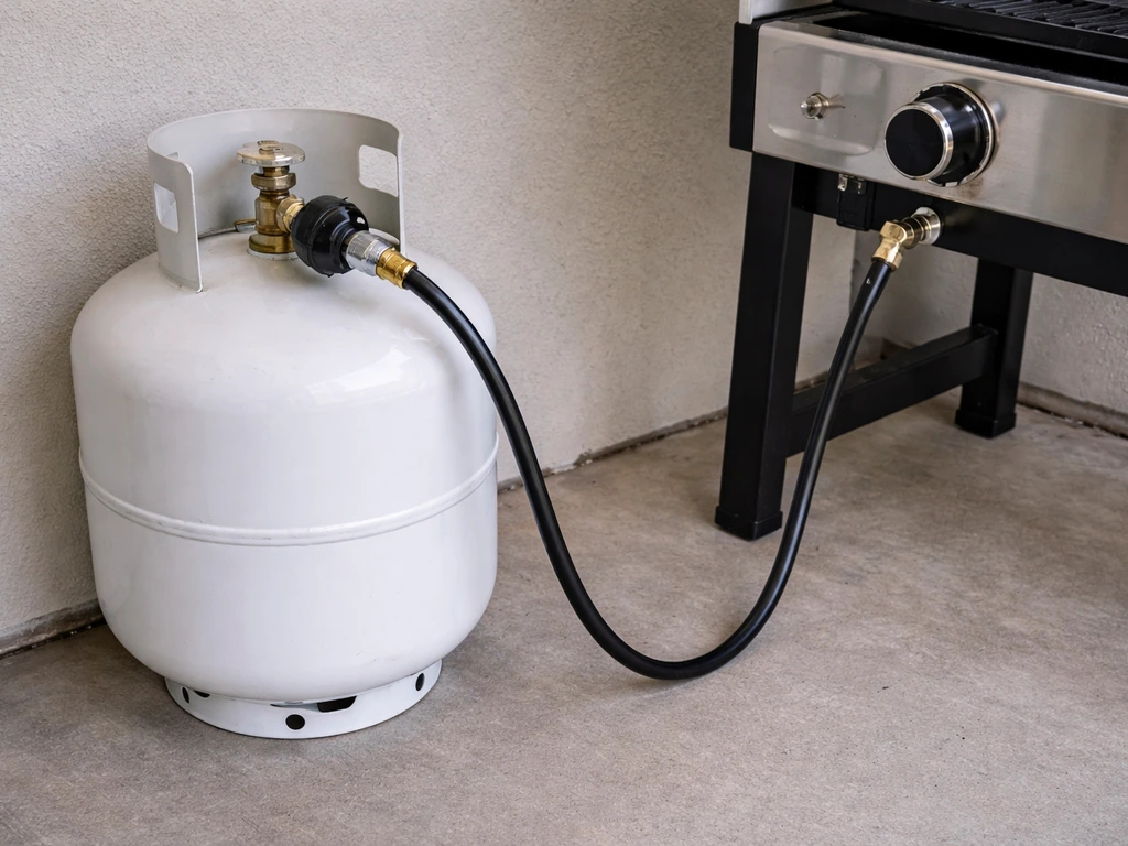 A 20-lb propane tank connected to an oven, showing the hose and regulator connection clearly.