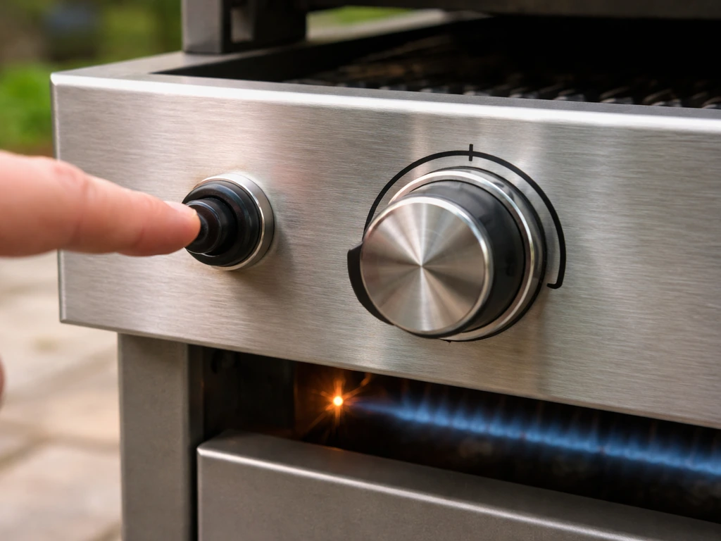 Close-up of an outdoor oven’s push-button ignitor and adjustable burner knob during ignition.