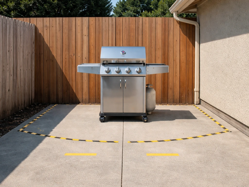 Outdoor patio grill setup with taped 36-inch clearance markers away from a wooden fence.