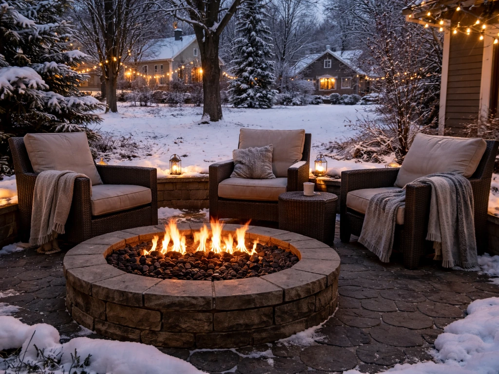 Warm gas fire pit on an Albany winter patio with cozy seating in soft evening light.