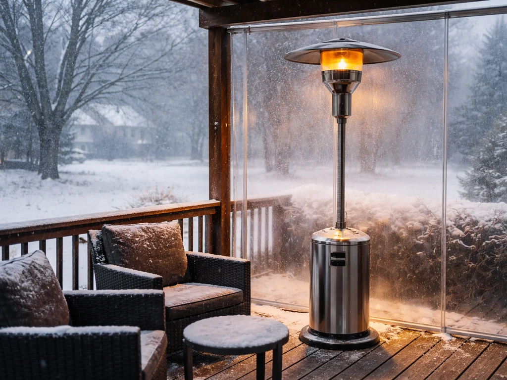 Outdoor patio heater on a snowy deck with a wind screen behind it, showing placement for winter warmth.