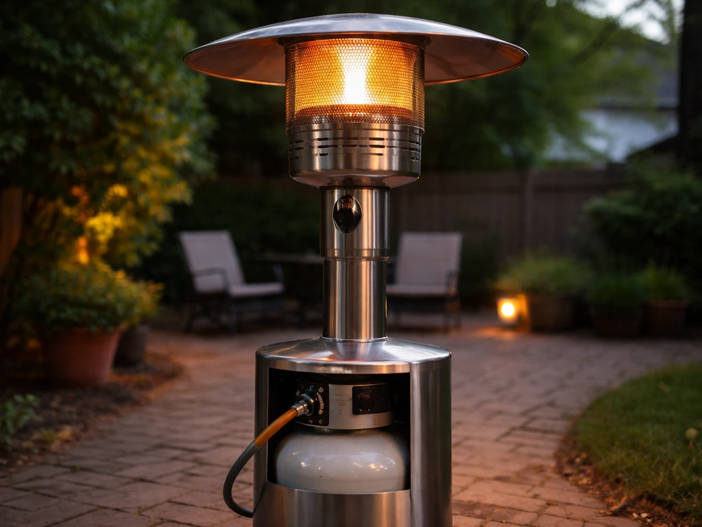 Portable propane patio heater with visible propane tank glowing on an Albany-style backyard patio.