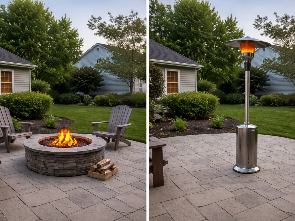 Small backyard patio showing a fire pit area and an adjacent patio heater for outdoor comfort comparison.