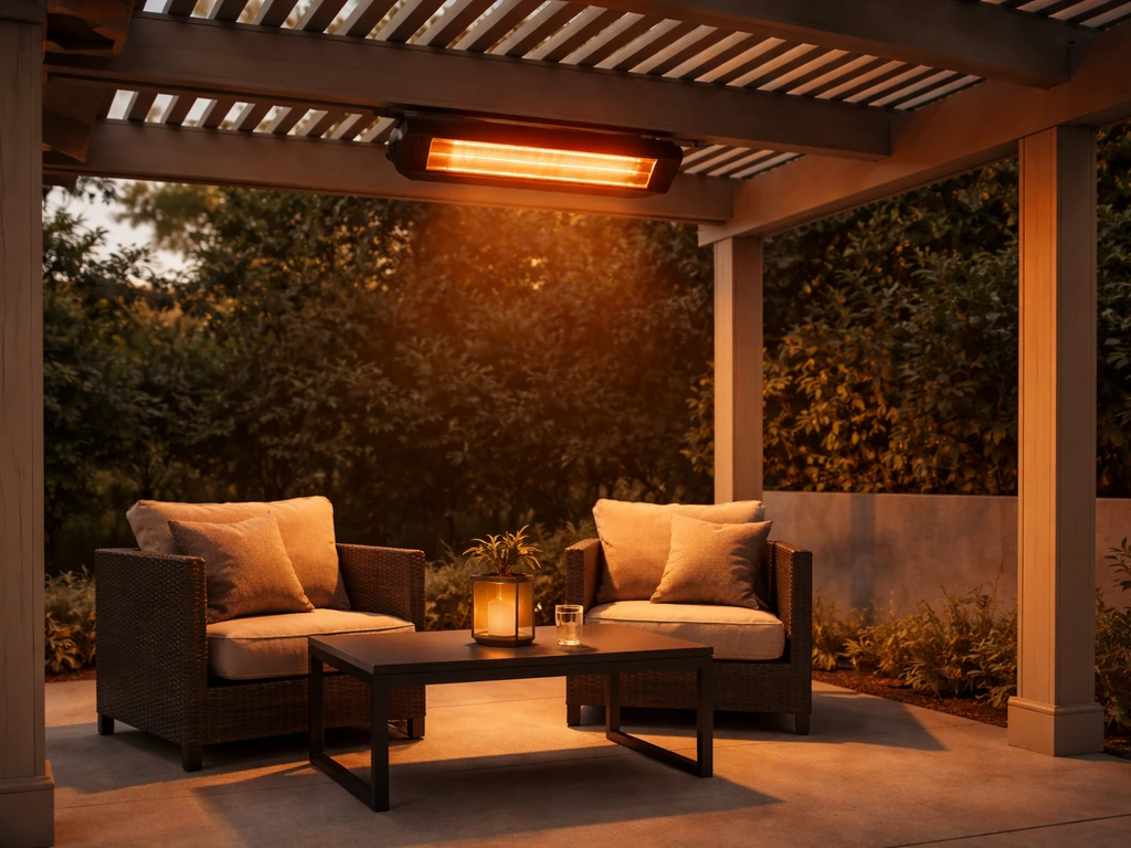 Infrared patio heater mounted under a covered pergola with warm light reflecting on outdoor furniture.