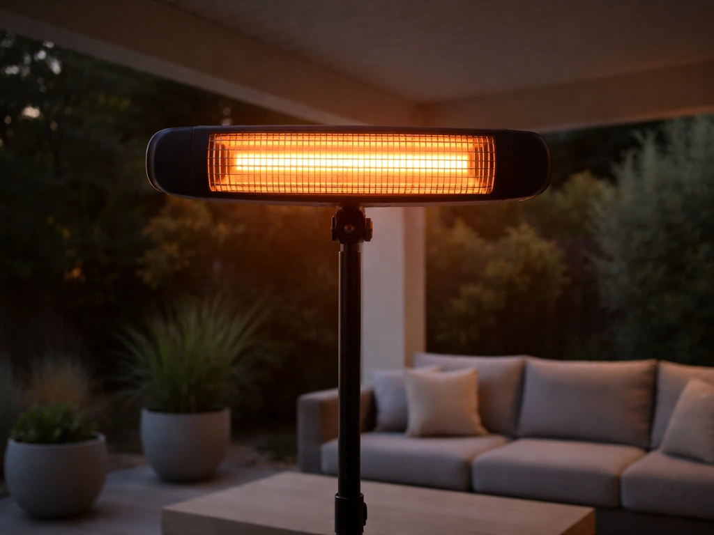 Infrared electric patio heater with front reflector visible, glowing toward covered patio seating.