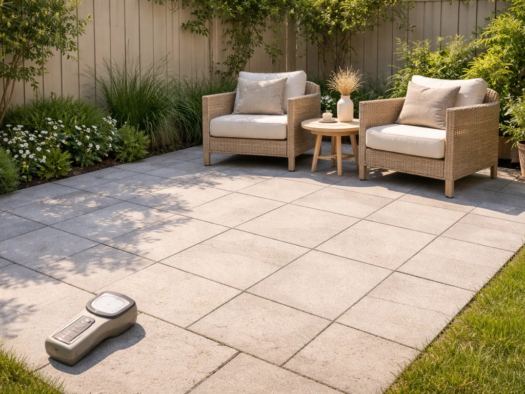 Minimal backyard patio corner with a simple square-foot grid overlay and a small wattage reference object