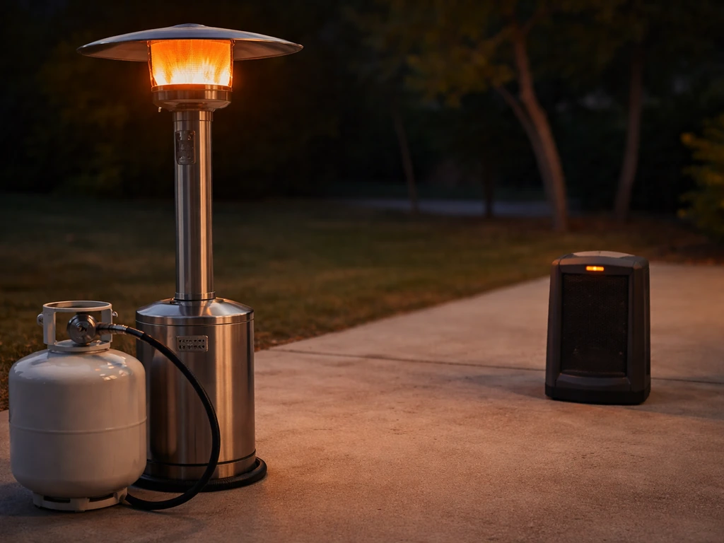 Outdoor patio with a lit propane heater beside a propane tank and a nearby electric heater for contrast