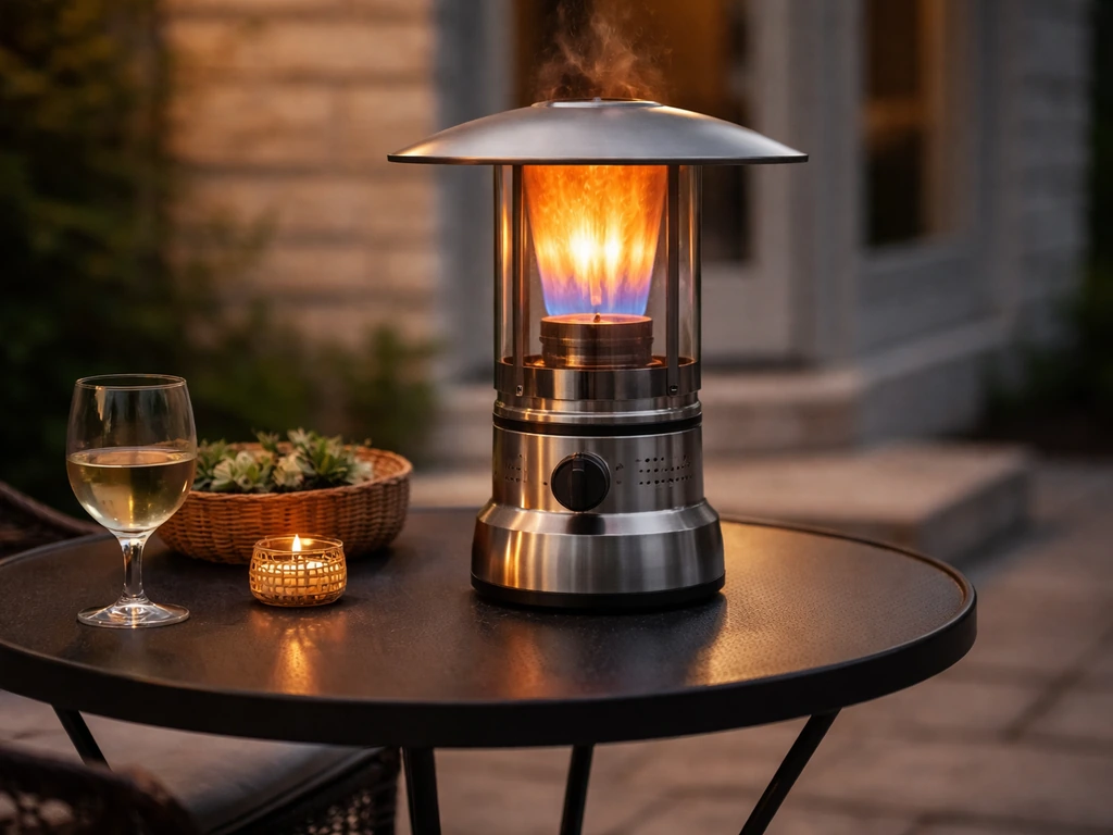 Compact gas tabletop patio heater glowing on a small bistro table beside a home at dusk.