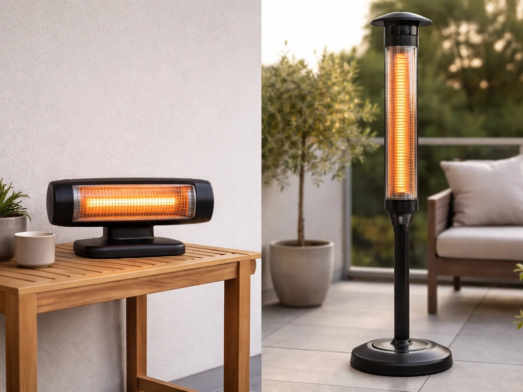Side-by-side heaters: compact tabletop model on a shelf and a tall pole heater for comparison.