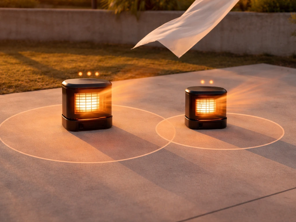 Minimal patio heater scene with a subtle heat-output and coverage comparison overlay