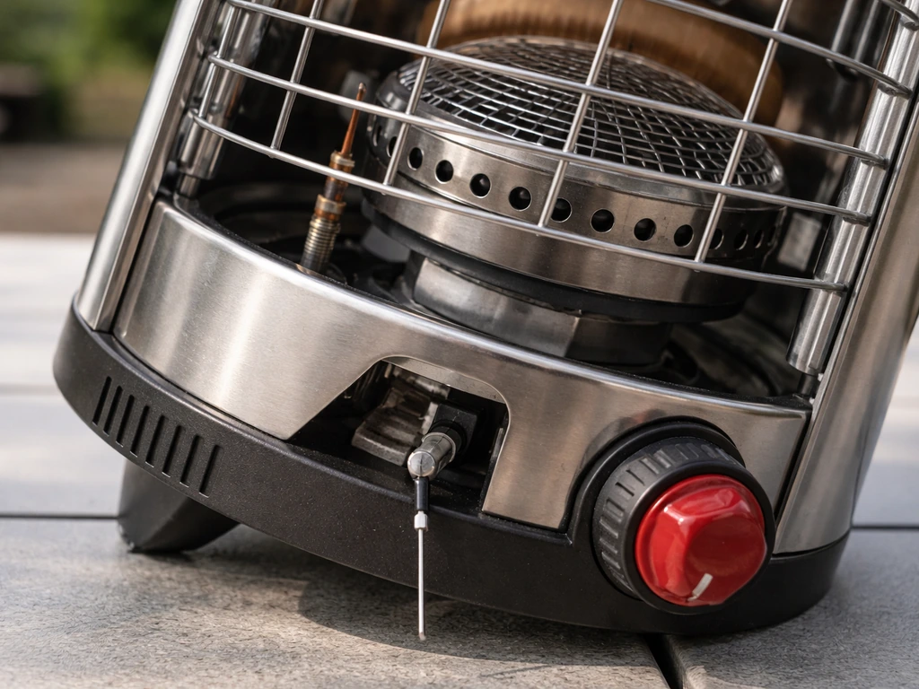 Close-up safety checks on a portable tabletop gas heater: tilt shutoff, thermocouple, and burner guard placement.